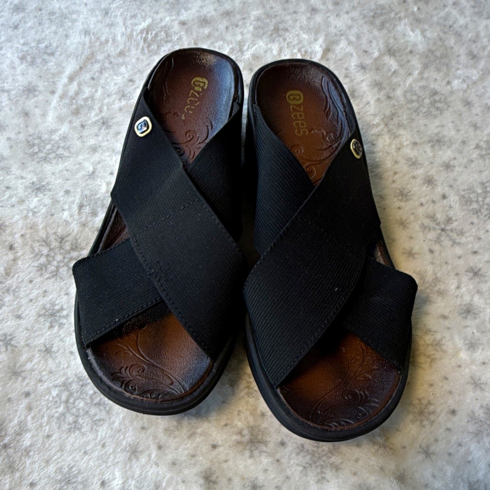 Bzees Desire Black Slip-On Wedge Slide Sandals Crisscross Straps US 7.5